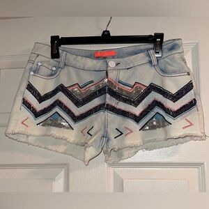 Lulumari Zigzag Jean Shorts with Sequin and Bead Embellishments